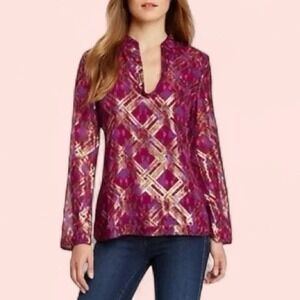 Tory Burch Fuchsia and Gold Geometric Tunic